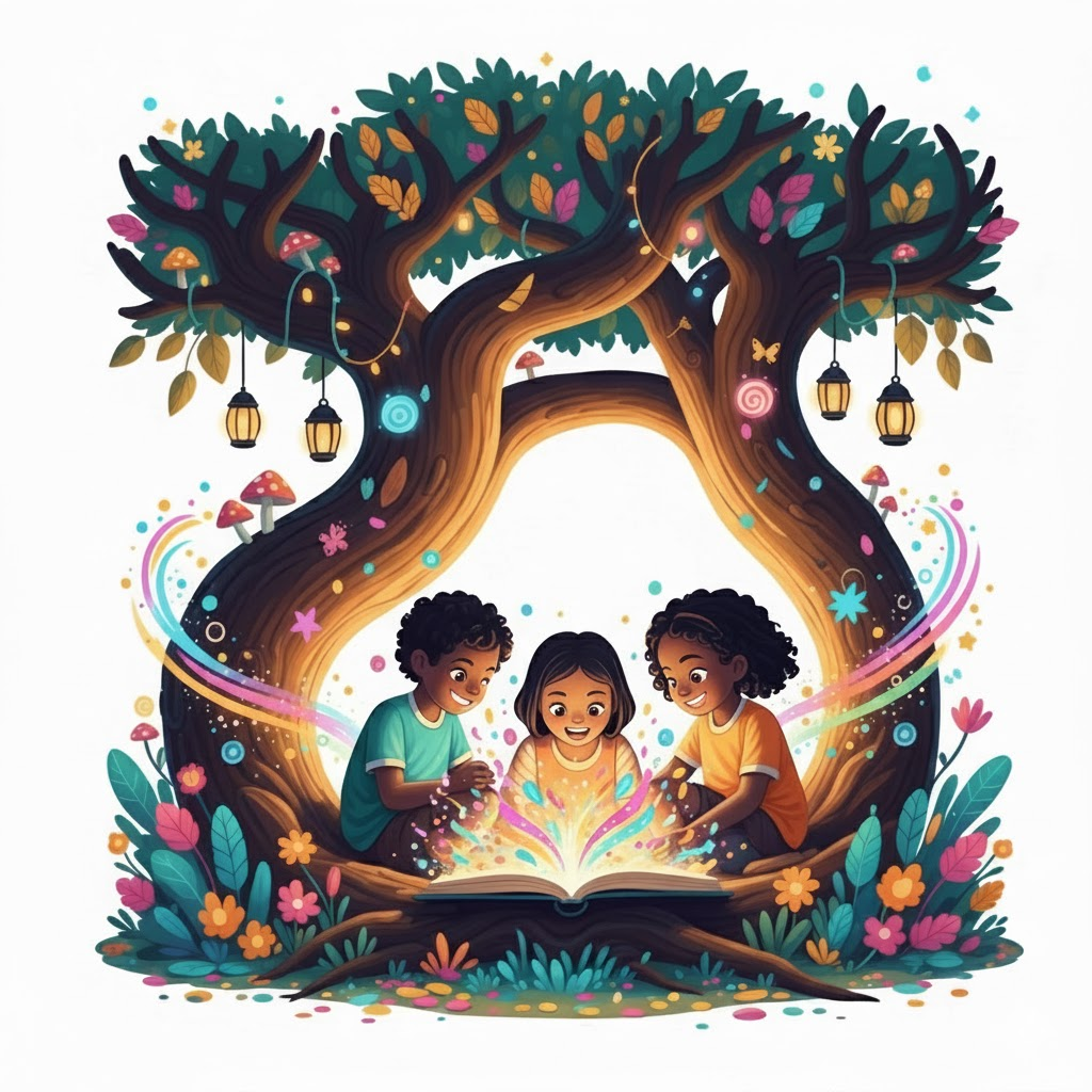 Children gathered around a storybook